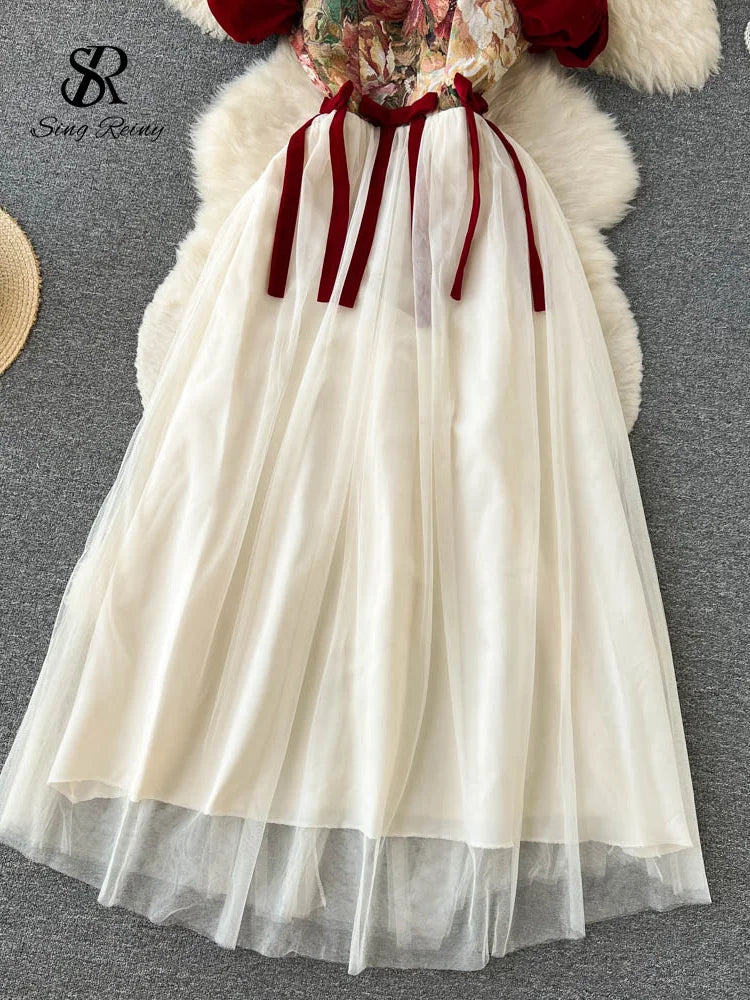 SINGREINY Embroidered Retro Print Camis Dress Women French Style Lace-up Design 2023 Summer Steetwear Mesh Long Party Dress