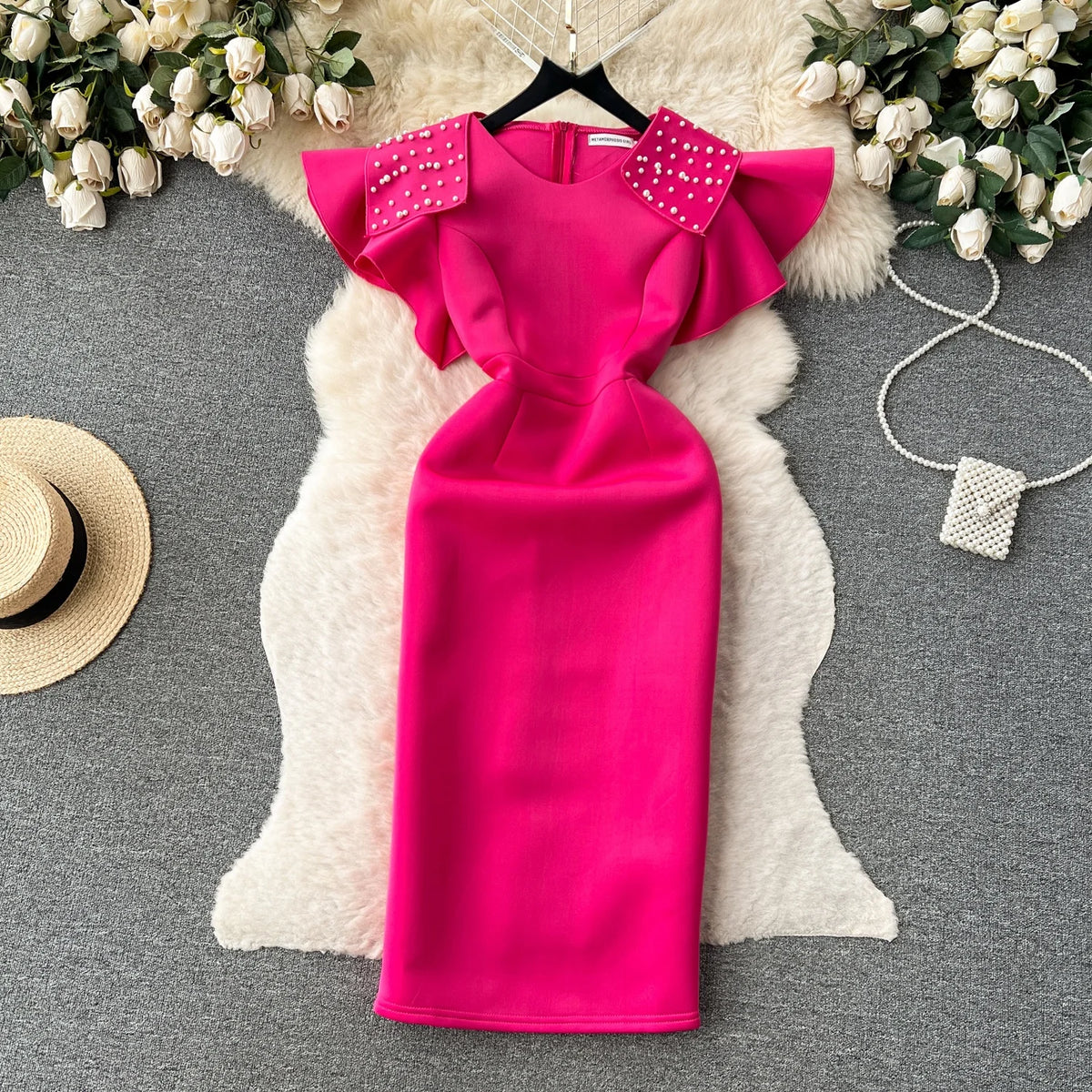 Ele Retro Beaded round Ne Svel Dr Women's Waist Cinching Slimming High End Feeling Aosphere Long Dr