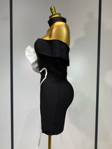 Women Sexy Off Shoulder White Flower Black Mini Bodycon Bandage Dress Luxury 2025 Celebrity Evening Club Elegant Party Gowns