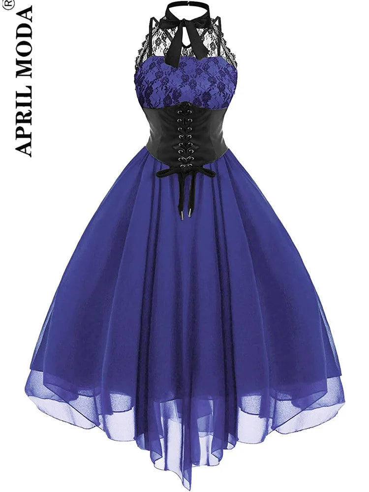 Irregular Hem Black High Waist Gothic Dresses Sleevesless Lace Chiffon Patchwork Aesthetic Goth Harajuku A-Line Dress for Women