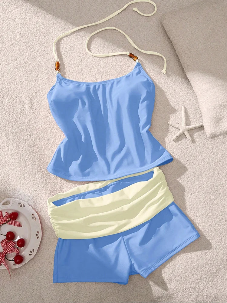 Women 2 Piece Tankini Bikinis Set Swimsuit Beaded Halter Sleeveless Tank Fold Over Waist Swim Shorts Bathing Suit Beach Swimwear