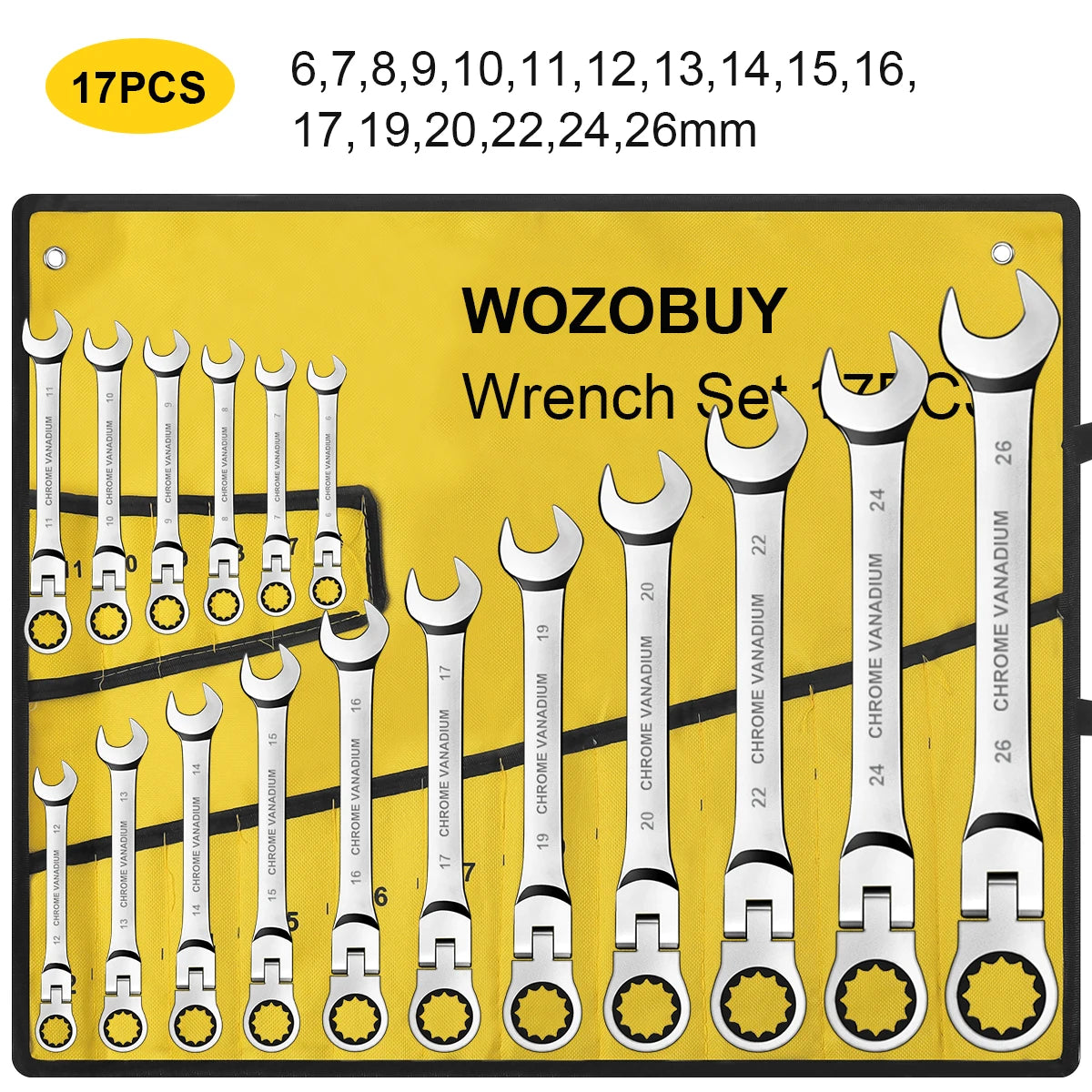 12/14/16/17pcs Flex-Head Ratchet Wrench Set, 6-26mm, 72 Teeth, Cr-V Constructed Combination Ended Span Kit with With Rolling Pou