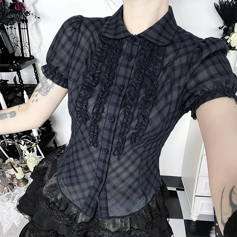 Summer American Casual Punk T Shirt Women Short Sleeve Lapel Single Breasted Plaid Top Subculture Y2K Gothic Shirt Street Style