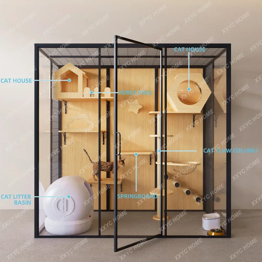 Displaying Cabinet Cat Cage Cattery Pet Products Animal Cages Solid Wooden Tempered Glass Large Luxury Cat Villa Hotel Cat House
