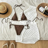 Women's Brown Triangle Bikini Set with White One Shoulder Cover Up Three Piece Swimsuit for Beach Vacation