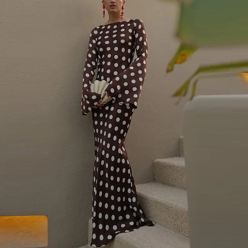 Fashion Polka Dot Print Evening Long Dress Women's Elegant O-neck Hight Waist Party Dress Casual Flared Sleeve Slim Gowns Dress