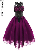 Irregular Hem Black High Waist Gothic Dresses Sleevesless Lace Chiffon Patchwork Aesthetic Goth Harajuku A-Line Dress for Women