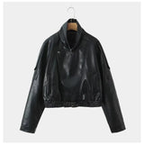 French-style women's fashion leather jacket, versatile litchi-textured vintage loose leather coat