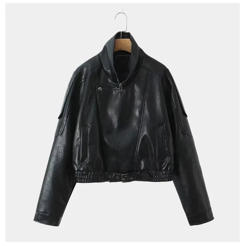 French-style women's fashion leather jacket, versatile litchi-textured vintage loose leather coat