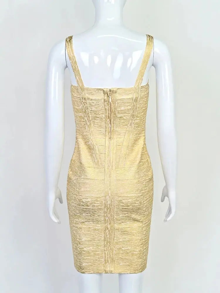 BEAUKEY Gold Silver Bandage Metallized Dress Summer Luxury Spaghetti Strap Women Party Mini Sexy Maxi Luxury Ladies Dress XL