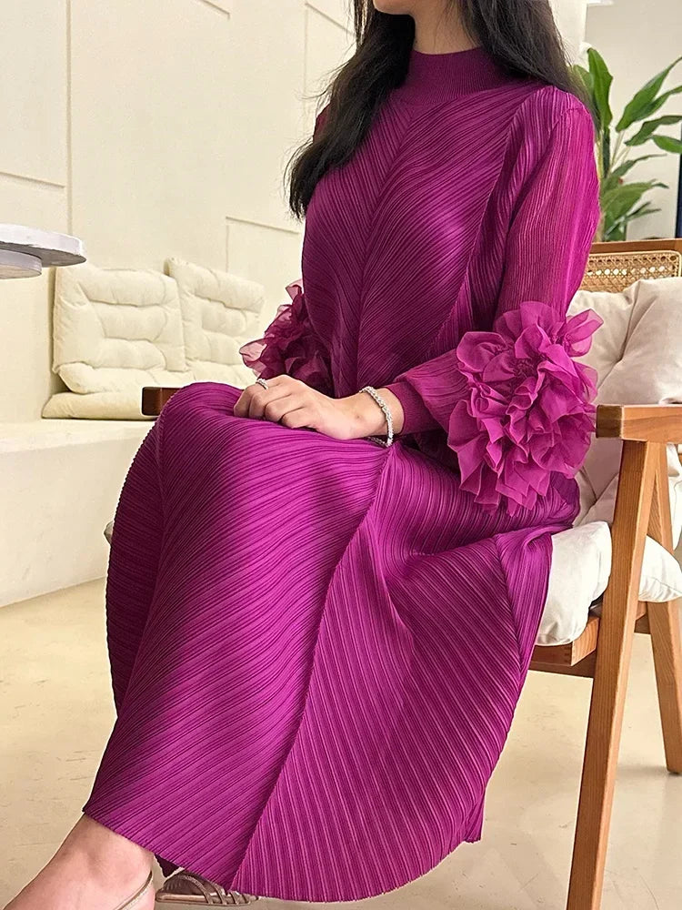 YUDX Luxury Purple Miyake Pleated High Neck Maxi Evening Dress, Ruffle Sleeve Women's Wedding Guest Ramadan Party Dress 2026 New