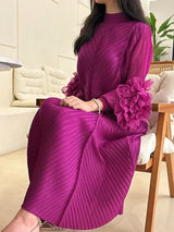 YUDX Luxury Purple Miyake Pleated High Neck Maxi Evening Dress, Ruffle Sleeve Women's Wedding Guest Ramadan Party Dress 2026 New