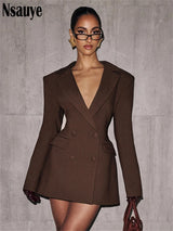 Nsauye Elegant A-Line Short Fashion Evening Black Blazer V Neck Dress Women Winter Clothes Outfits Sexy Night Club Party Dress