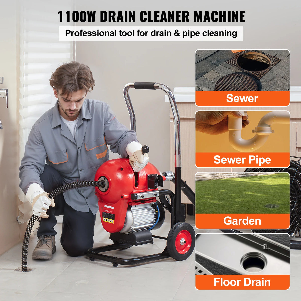 SucceBuy Drain Cleaner Machine 120FT 6/5 Inch 1100W Electric Sewer Snake Auger Manual Feed CW/CCW Control Pipe Cleaning Machine