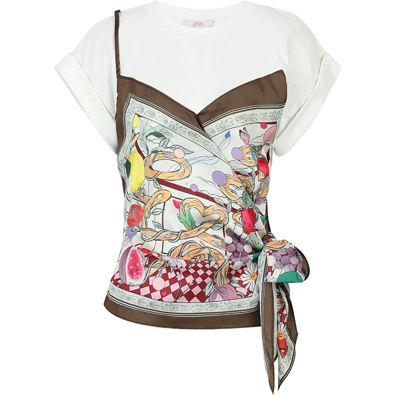 ELFSACK Women's 2 In 1 Satin Camisole Layered T-Shirt with Floral Fruit Bandana Print, Cute Short Sleeve Regular Tee for Summer