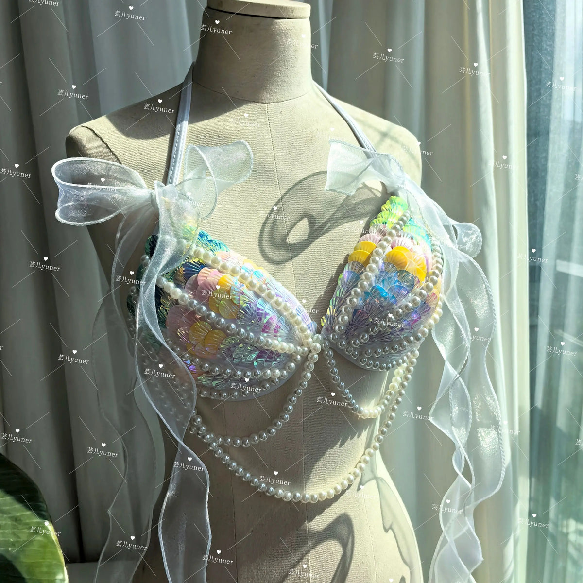 Bikini Mermaid Role Play Bra Aquarium Beach Corset Sequin Triangle Lace Up Bra Mermaid Performance Bra
