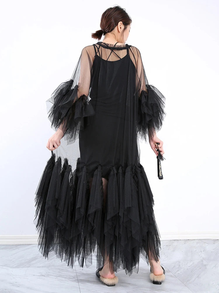 TWOTWINSTYLE Solid Spliced Mesh Chic Dress For Women Round Neck Short Sleeve Loose Minimalist Long Dresses Female Fashion Style