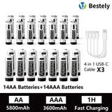 AA AAA Battery 1.5V 5800mAh and 3600mAh Lithium Rechargeable Batteries Fast Charging Li-ion Battery 2000 Cycles Type-C Cable
