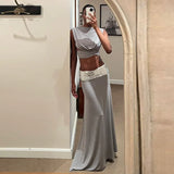 Stylish Sexy Backless Long Skirt Set Women Chic Shiny Sleeveless O-neck Top Skirts Suit Summer NEW Lady Vocation Party Outfits