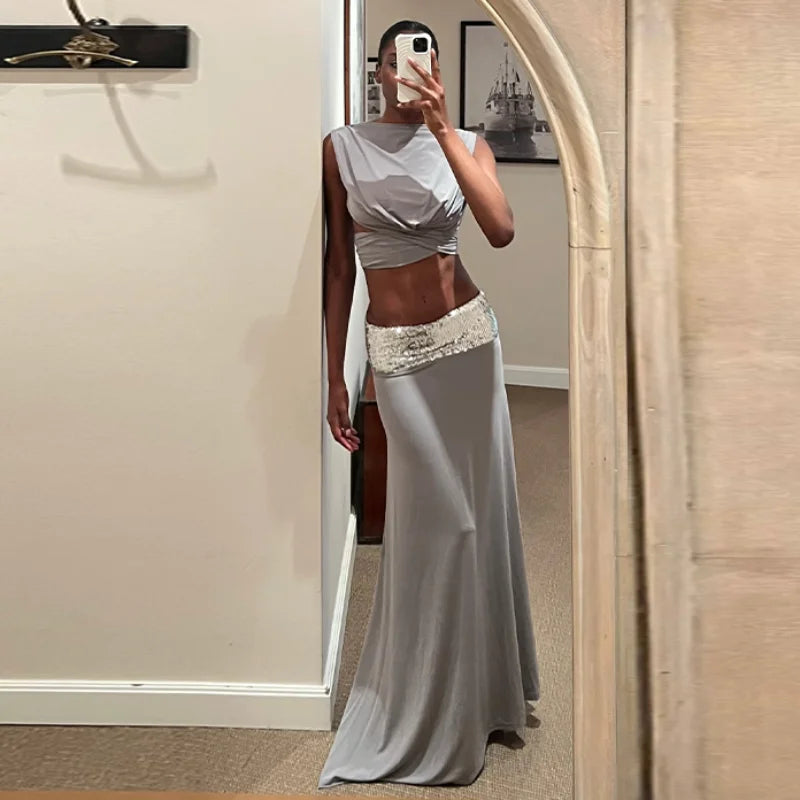 Stylish Sexy Backless Long Skirt Set Women Chic Shiny Sleeveless O-neck Top Skirts Suit Summer NEW Lady Vocation Party Outfits