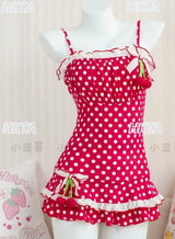 Cute Little Cherry One-piece Swimsuit Sweet Polka Dot Halter Strap Bow One-piece Vacation Hot Spring Bathing Suit Sexy Bikini