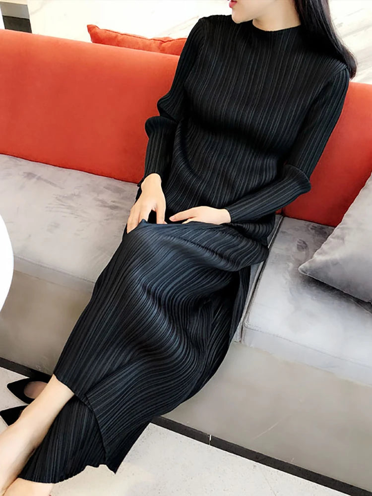 Miyake Pleated Classic Long Sleeved Tops Women Spring Autumn Elegant Causal T-shirt