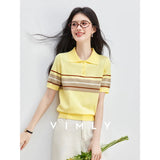 VIMLY Women's Contrasting Stripes Knitted T-shirt Summer 2026 New Polo Neck Casual Versatile Short Sleeve Yellow Top 75373