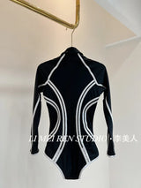 New black lines sexy slimming long sleeved sunscreen surfing sports one-piece swimsuit