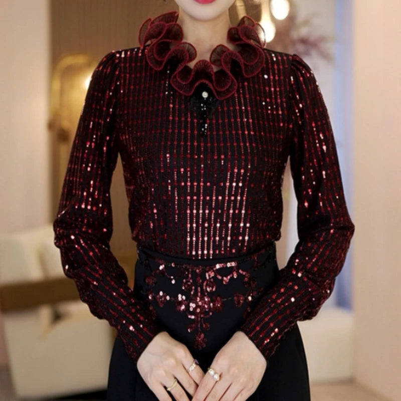 Beaded Half-high Neck Bottoming Shirt with New Velvet Lace Tops on the Autumn and Winter