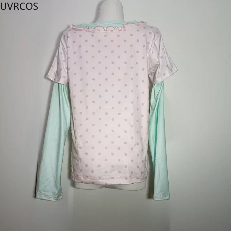 Sweet Kawaii Cartoon Polka Dot Print Women T-shirt Loose Casual Contrast Color Cute Graphic Tee Tops Japan Y2k Aesthetic Tshirts
