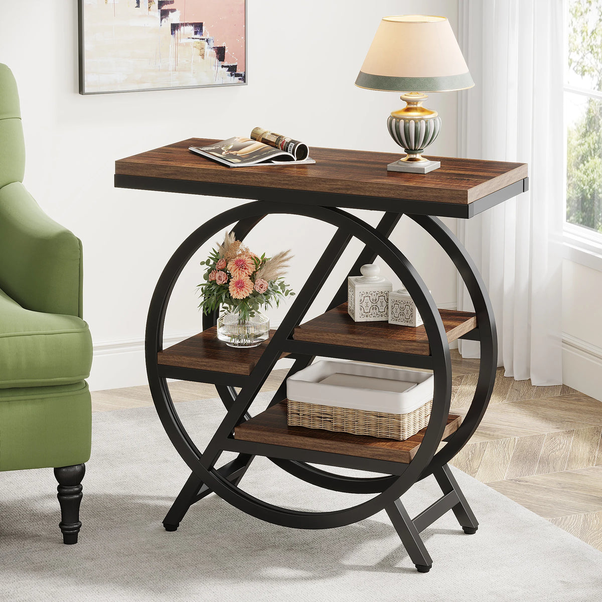 Tribesigns End Table, Narrow End Table with 3 Storage Shelves, Wooden Side Table, Industrial Small Sofa Side Table