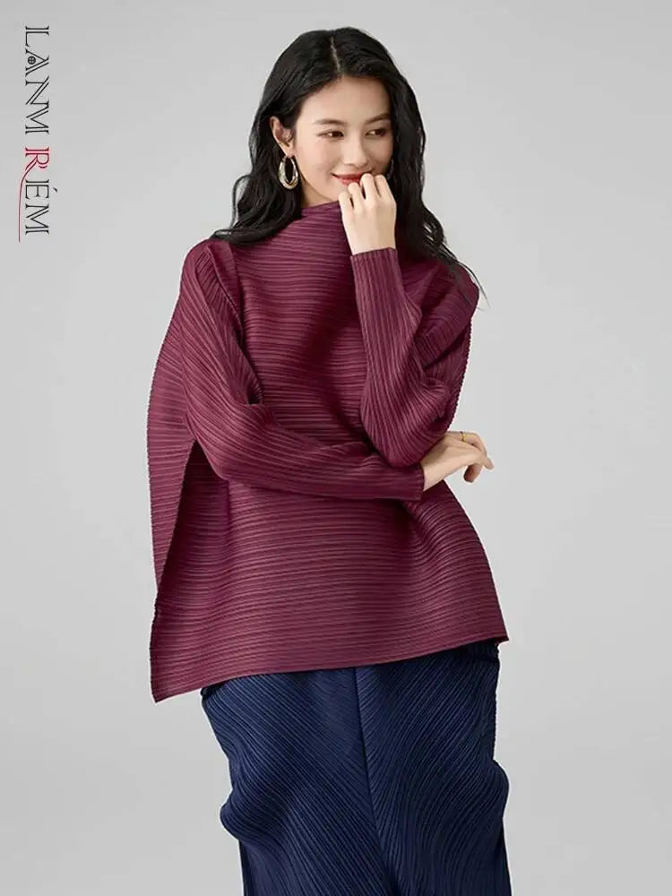 LANMREM 2026 New Maroon Pleated Women's T-shirt Casual Style Long Sleeved A-line Scarf Collar Chic Loose Pullover Tops 2DB2827