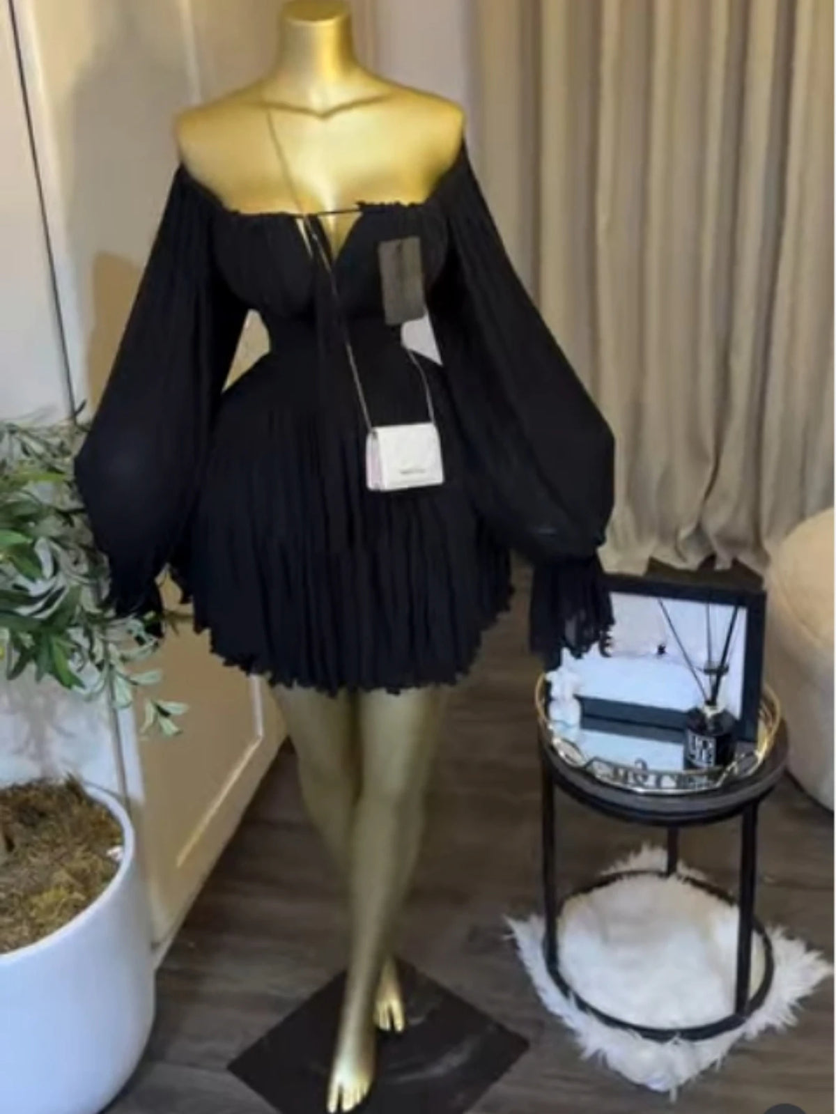 CM.YAYA Women Flare Long Sleeve Strapless Halter Pleated Mini Dress 2026 Fall Street Holiday Ruched Tiered Party Evening Dresses