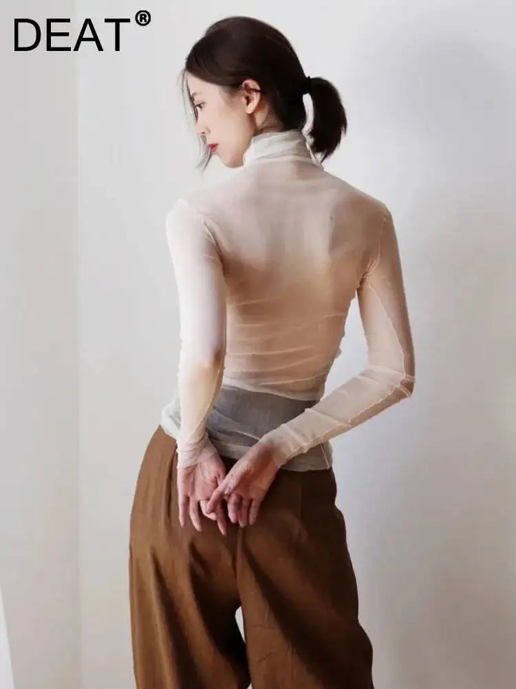 DEAT Causal Mulberry Silk Gauze Perspective Turtleneck Solid Color Long Sleeve Slim Pullover Women's Top 2026 Autumn New 15DZ362