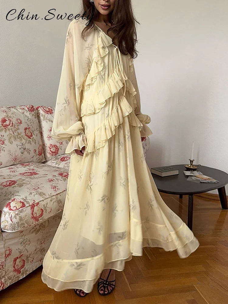 Elegant Printed Cascading Ruffles Long Dress Women Lace Up V-neck Full Sleeve A-line Dresses 2026 Early Spring High Street Robes