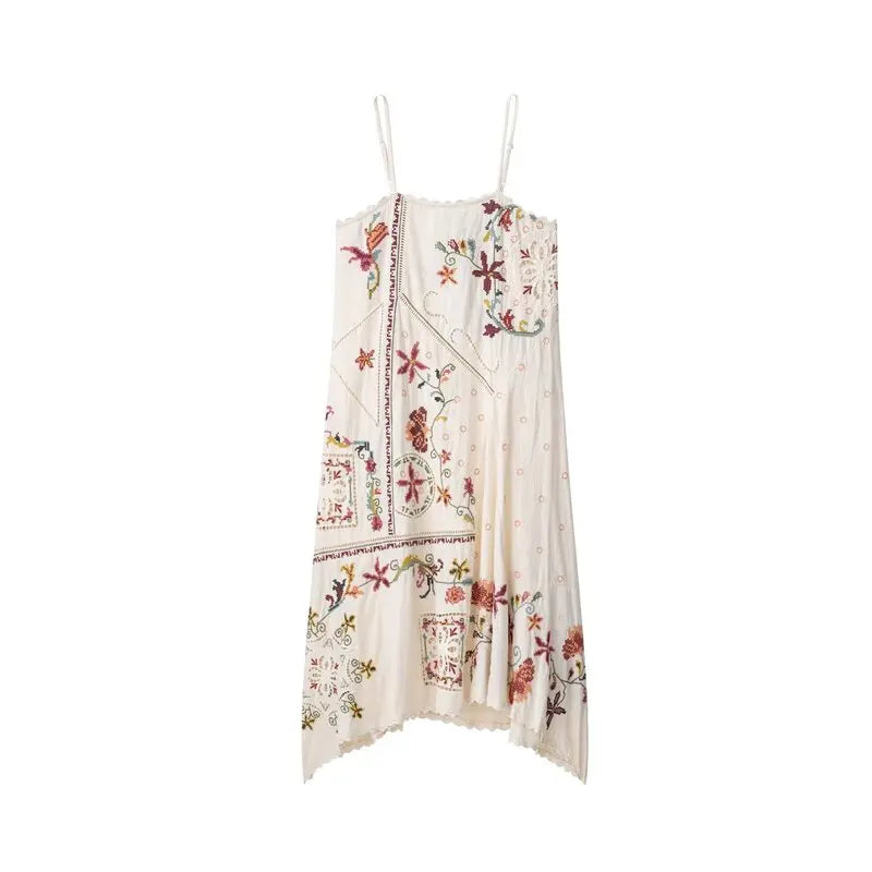 Summer 2025 New Arrival Long Asymmetric Embroidered Strap Dr Women's Faion Loose Waist No Sve Print Design