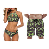 Summer Custom Wholesale Polynesian Couple Swimsuit Sets Collar-Necked Tie-On Design Women'S Beach Bikinis Men'S Beach Shorts