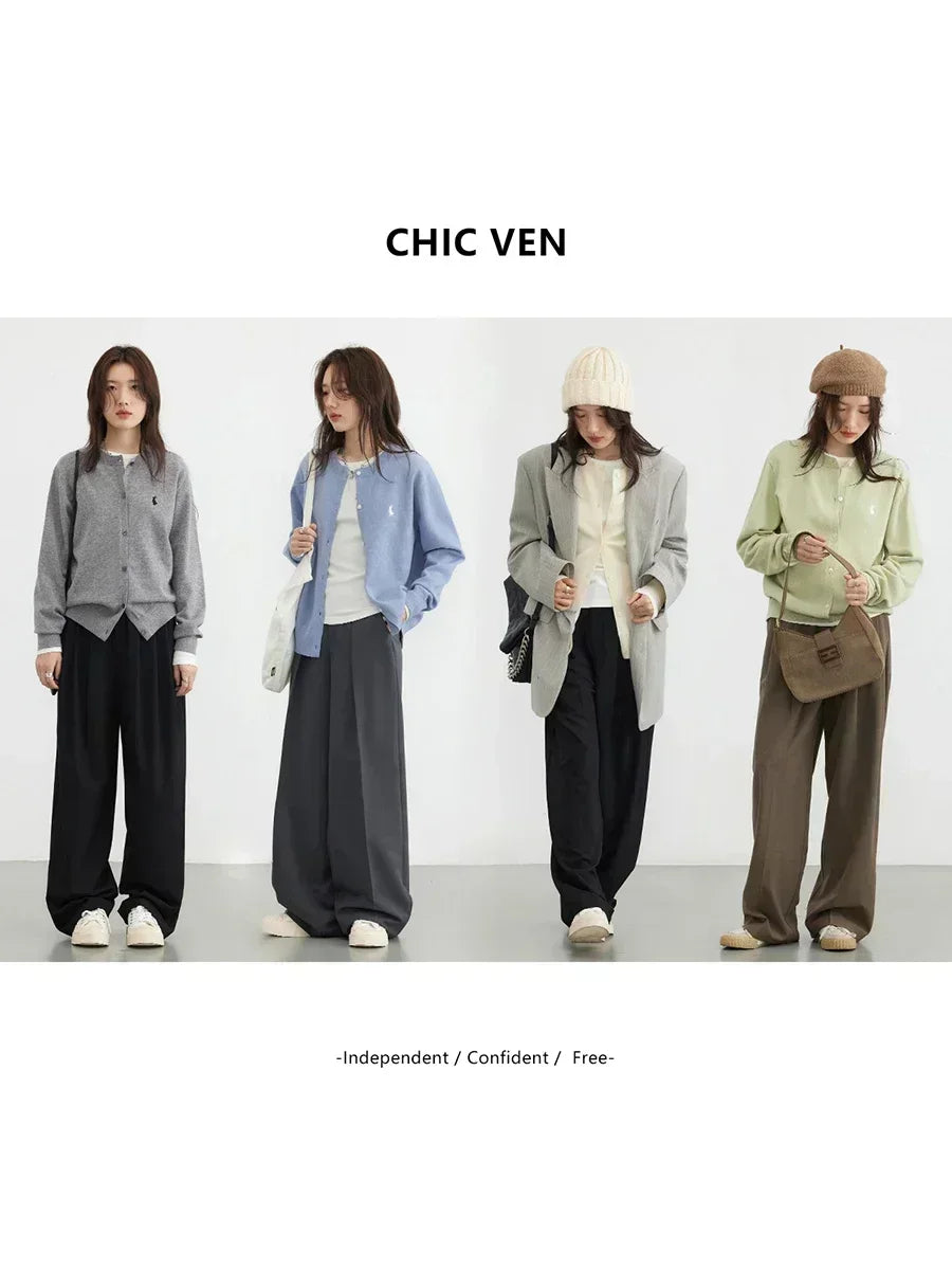 CHIC VEN Women T-Shirts New Multi Color Option Simple Solid Rabbit Embroidery Knitted Cardigan Sweater Autumn Spring 2025