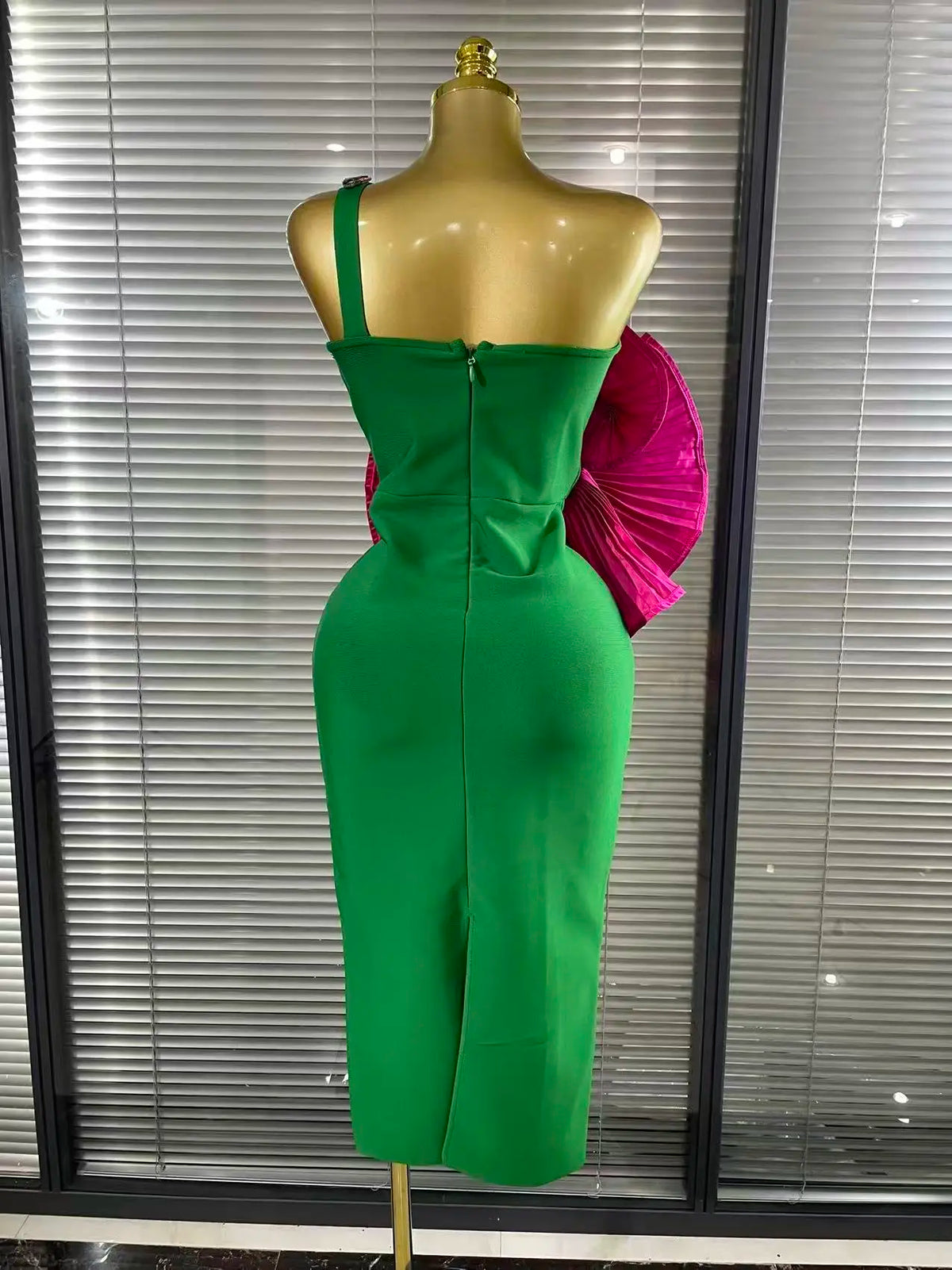 Big Rosered Florals Green Color Women Sexy One Shoulder Sparkly Crystal Bodycon Bandage Mid-calf Dress Celebrate Nightclub Wear