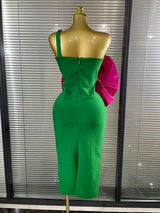 Big Rosered Florals Green Color Women Sexy One Shoulder Sparkly Crystal Bodycon Bandage Mid-calf Dress Celebrate Nightclub Wear