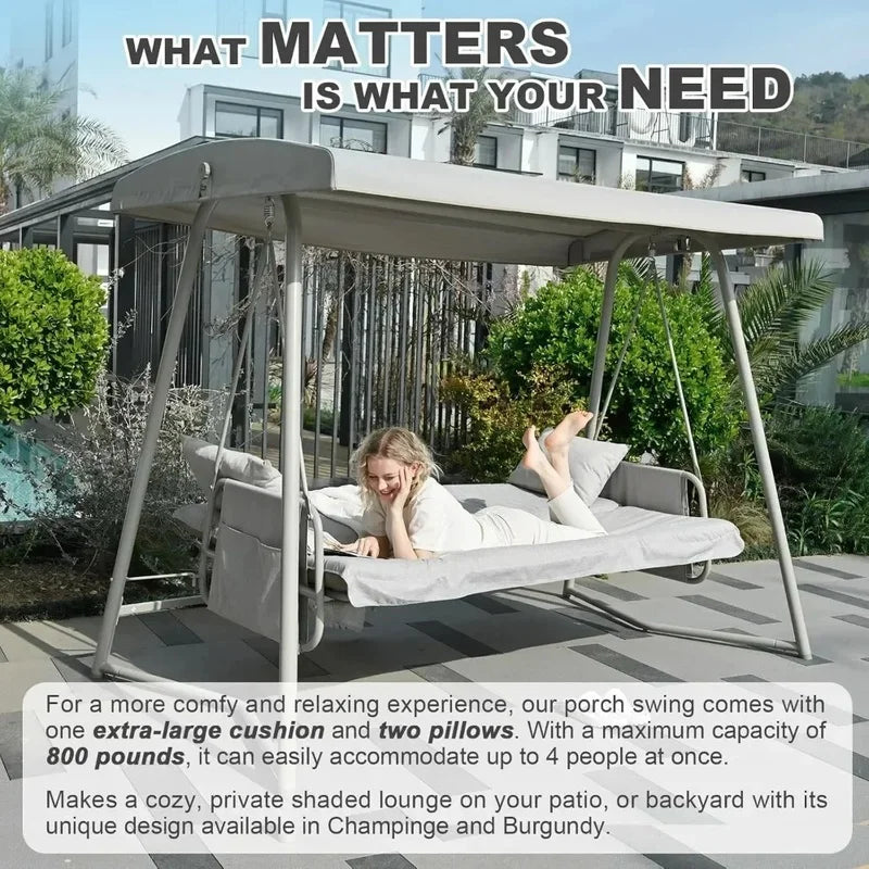3 to 4 Seat Outdoor Swing Bed with Adjustable Canopy, 800 lbs Capacity, Includes Stand, Cushions, and Pillows