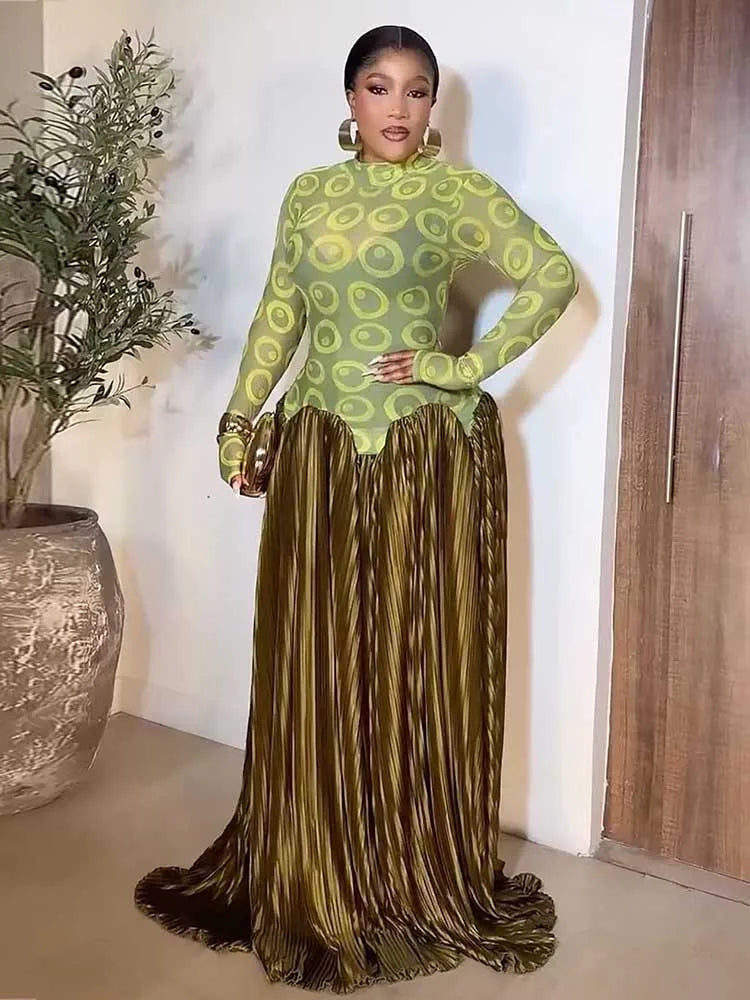 Elegant Olive Green Dresses High Waist Long Sleeve Maxi Dress for Woman Evening Party Pleated Dress Stretch Fabric for Dress