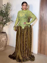 Elegant Olive Green Dresses High Waist Long Sleeve Maxi Dress for Woman Evening Party Pleated Dress Stretch Fabric for Dress