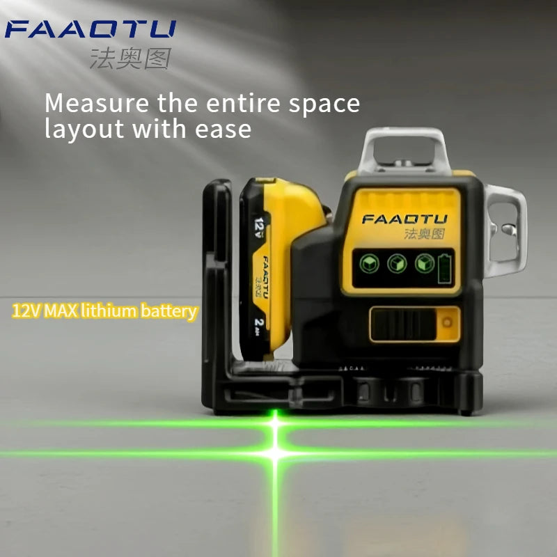 FAAOTU 089LG Professional 3-Sided 12-Line 360° Laser Level 12V DW Battery Compatible Green Laser Tool for Outdoor Use