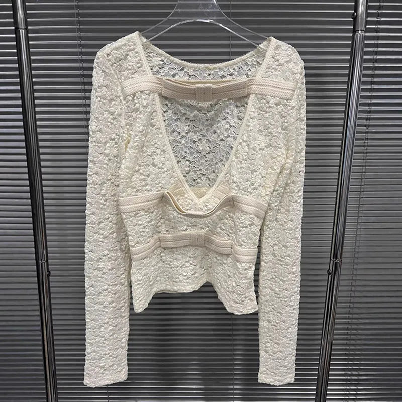 DEAT 2026 Spring New Lace Jacquard Bow Tie Backless Base Shirt For Women Versatile Long Sleeve Casual Pullover Female 11A08473