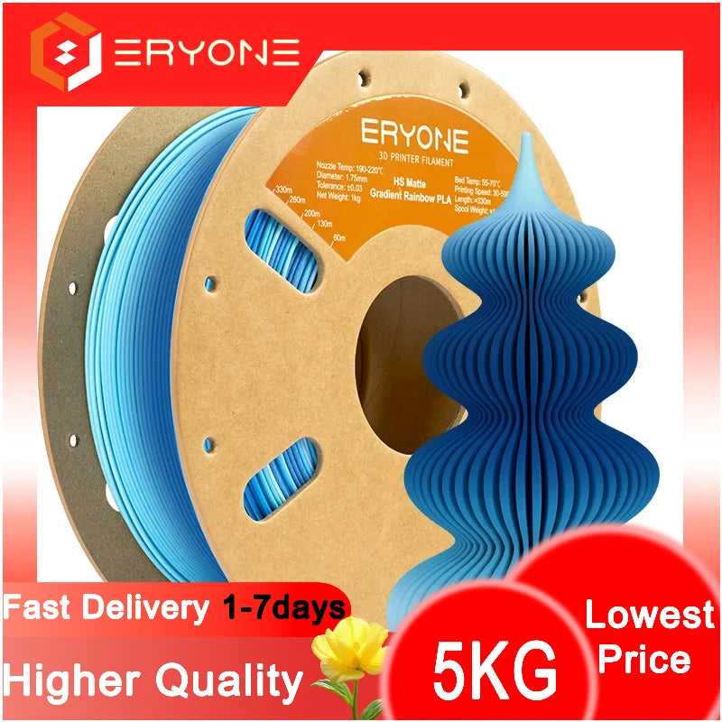 ERYONE 5KG Hyper Speed Matte Gradient Rainbow PLA Filament 1.75mm 3D Print,Max Print Speed:500mm/s,Multicolor,1KG/Spool