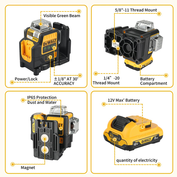DEWALT DW089LG 12-Line 3-Side 360° Green Laser Level 12V Outdoor Super