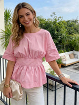 Womens Summer Peplum Top Casual Solid Color Backless Loose Hem Bow Crew Neck Elbow Sleeve Blouse