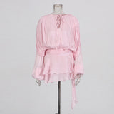 GALCAUR Solid Loose Splicd Lace Up Dresses For Women V Neck Long Sleeves Patchwork Ruffles Tunic Dreses Female Fashio New