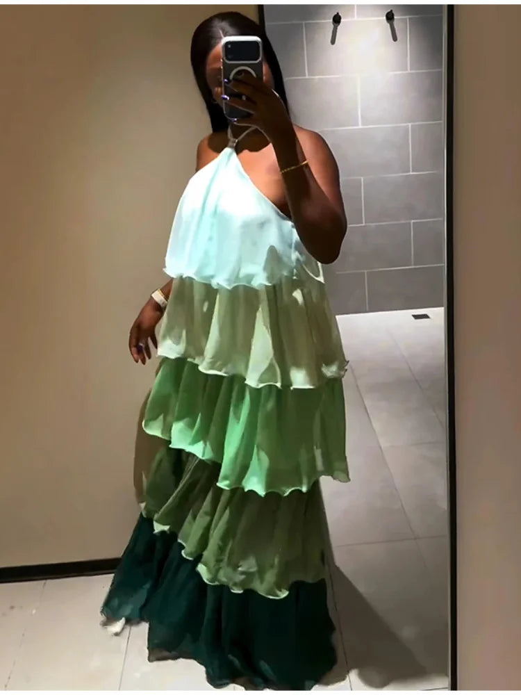 Women's Lace Hem Draped Maxi Dress Sweet Sleeveless Backless Ruffle Hem Dress 2026 Summer Casual Vacation Streetwear Lady Dress